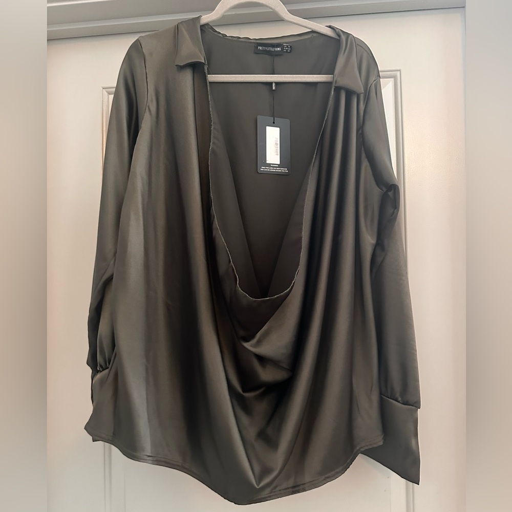 NWT!!! Beautiful Satin Cowl-Neck Blouse in Olive Green